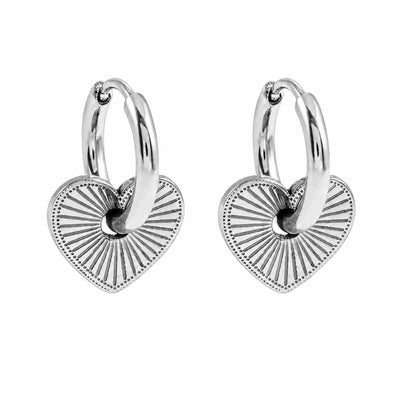 ENDEAR Silver (White Gold): Romantic Heart Charm Hoop Earrings – A Symbol of Everlasting Love.
