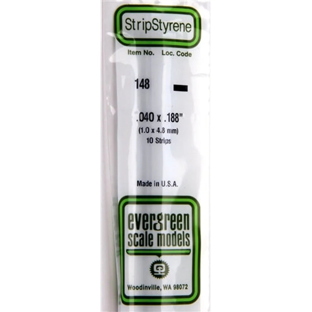 Evergreen Scale Models 148 Styrene Strips .040 x .188" (1.0 X 4.8mm) 10 strips NIB