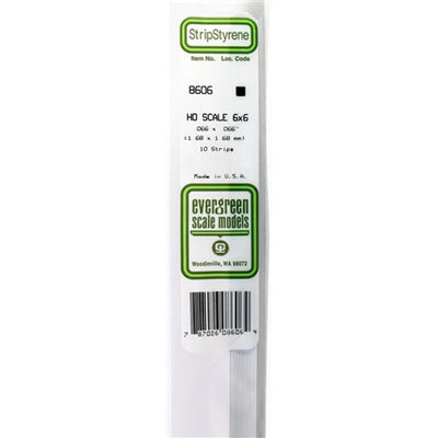 Evergreen Scale Models 8606 Styrene 6x6 .066" x .066" (1.68 x 1.68) 10 strips NIB