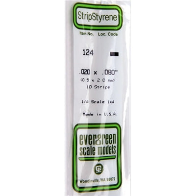 Evergreen Scale Models 124 Styrene Strip .020 X .080" (0.5 X 2.0mm) 10 strips NIB