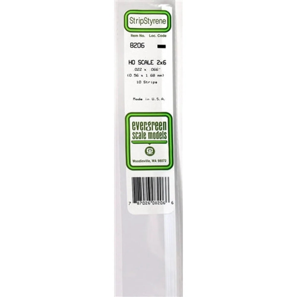 Evergreen Scale Models 8206 Bande de styrène 2x6 .022" x .066" (0,56 x 1,68 mm) 10 bandes NIB