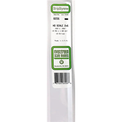 Evergreen Scale Models 8206 Styrene Strip 2x6 .022" x .066" (0.56 x 1.68mm) 10 strips NIB
