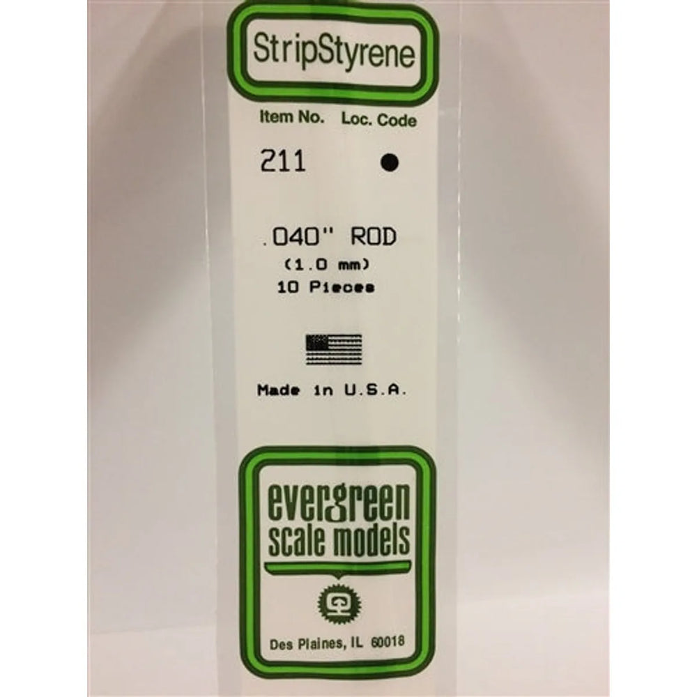 Evergreen Scale Models 211 Styrene Rod .040" (.10cm) Pkg of 10 NIB