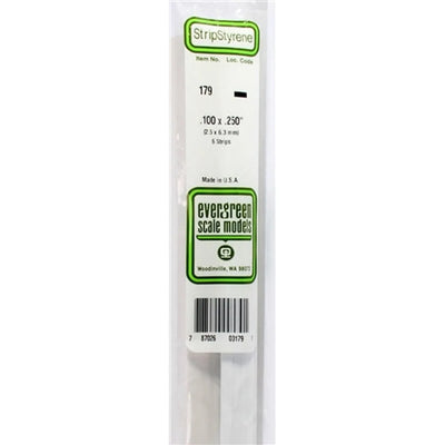 Evergreen Scale Models 179 Styrene Strip .100 X .250" (2.5 X 6.3mm) 6 strips NIB