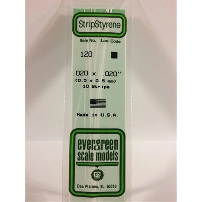 Evergreen Scale Models 120 Styrene Strip .020 X .020" (0.5 X 0.5mm) 10 strips NIB