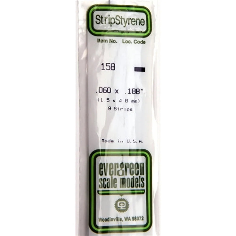 Evergreen Scale Models 158 Bandes de styrène .060 x .188" (1,5 x 4,8 mm) 9 bandes NIB