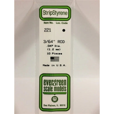 Evergreen Scale Models 221 Tige en styrène .047" (.12cm) Paq de 10 NIB