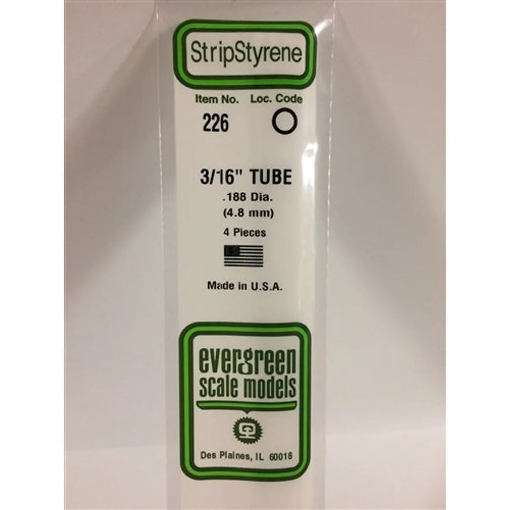 Evergreen Scale Models 226 Styrene Tube .187" (.47cm) Diameter Pkg of 4 NIB