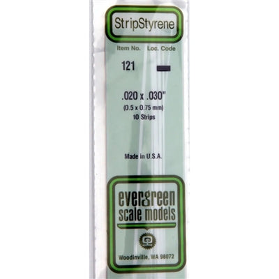 Evergreen Scale Models 121 Styrene Strip .020 X .030" (0.5 X 0.75mm) 10 strips NIB