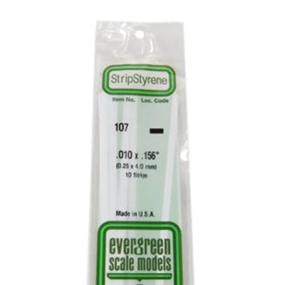 Evergreen Scale Models 107 Bande de styrène .010 x .156" (0,25 x 4,0 mm) 10 bandes NIB