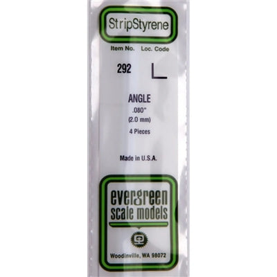 Maquettes Evergreen 292 Plastique à angle 0,080 po (2,0 mm) 4 pièces NIB