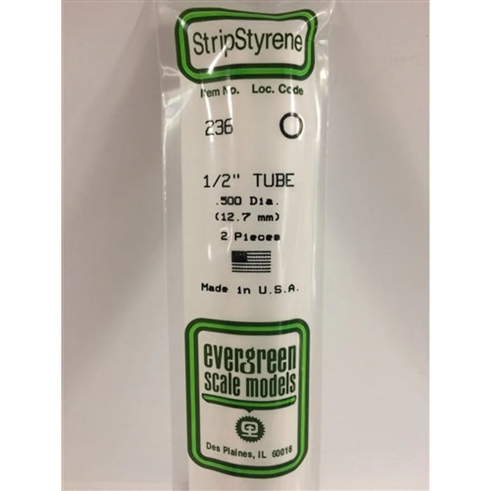 Evergreen Scale Models 236 Tube de styrène .500" (1,27 cm) Paq de 2 NIB