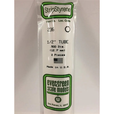 Evergreen Scale Models 236 Tube de styrène .500" (1,27 cm) Paq de 2 NIB
