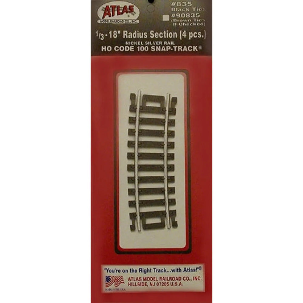Atlas 835 HO Code 100 Voie Snap Track Rayon 18" Courbe 1/3 Section Rail Nickel-Argenté Attaches Noires Paquet de 4 NIB