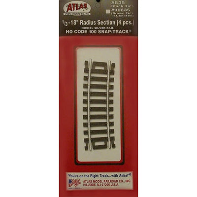 Atlas 835 HO Code 100 Voie Snap Track Rayon 18" Courbe 1/3 Section Rail Nickel-Argenté Attaches Noires Paquet de 4 NIB