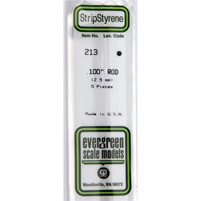 Evergreen Scale Models 213 Styrene Rod .100" (2.5mm) 5 pieces NIB