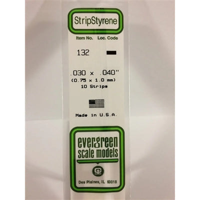 Evergreen Scale Models 132 Styrene Strip .020 X .0.40" (0.5 X 4.8mm) 10 strips NIB