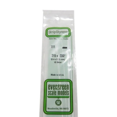Evergreen Scale Models 111 Styrene Strip .015 X .030" (0.4 X .75 mm) 10 strips NIB