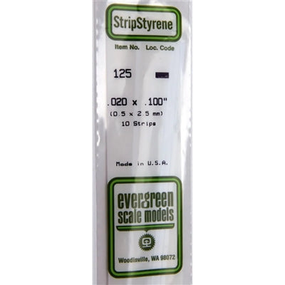 Evergreen Scale Models 125 Styrene Strip .020 X .100" (0.5 X 2.5mm) 10 strips NIB