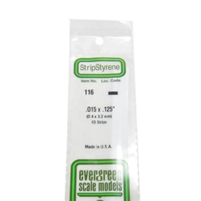 Evergreen Scale Models 116 Bande de styrène .015 X .125" (0,4 X 3,2 mm) 10 bandes NIB