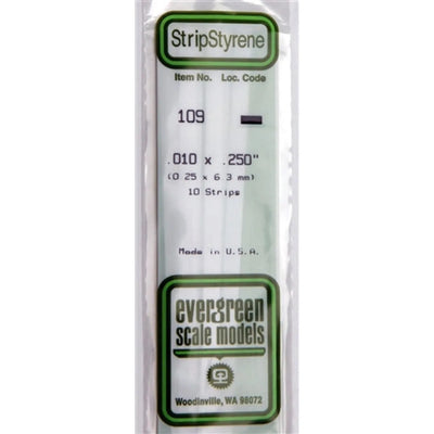 Evergreen Scale Models 109 Bande de styrène .010 x .250" (0,25 x 6,3 mm) 10 bandes NIB