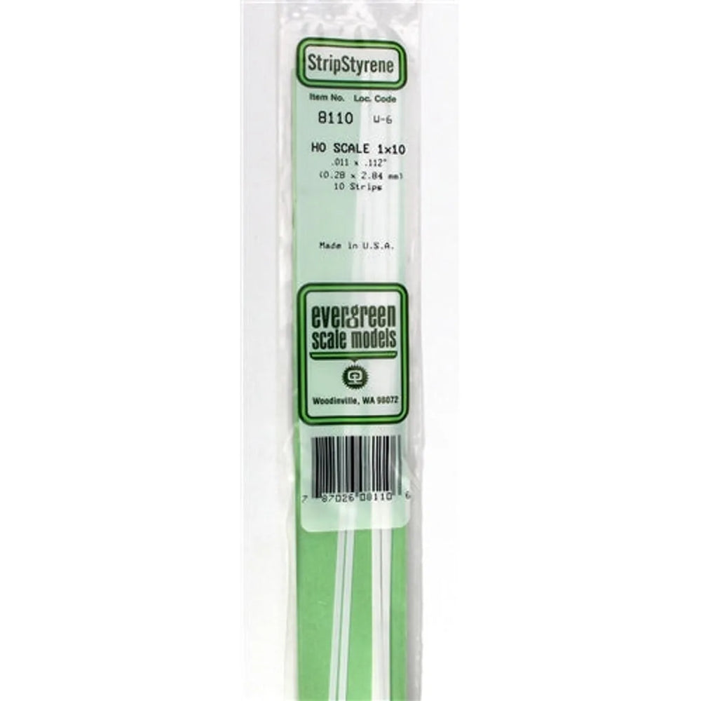 Evergreen Scale Models 8110 Bande de styrène 1 x 10 .011 x .112" (0,28 x 2,84 mm) 10 bandes NIB