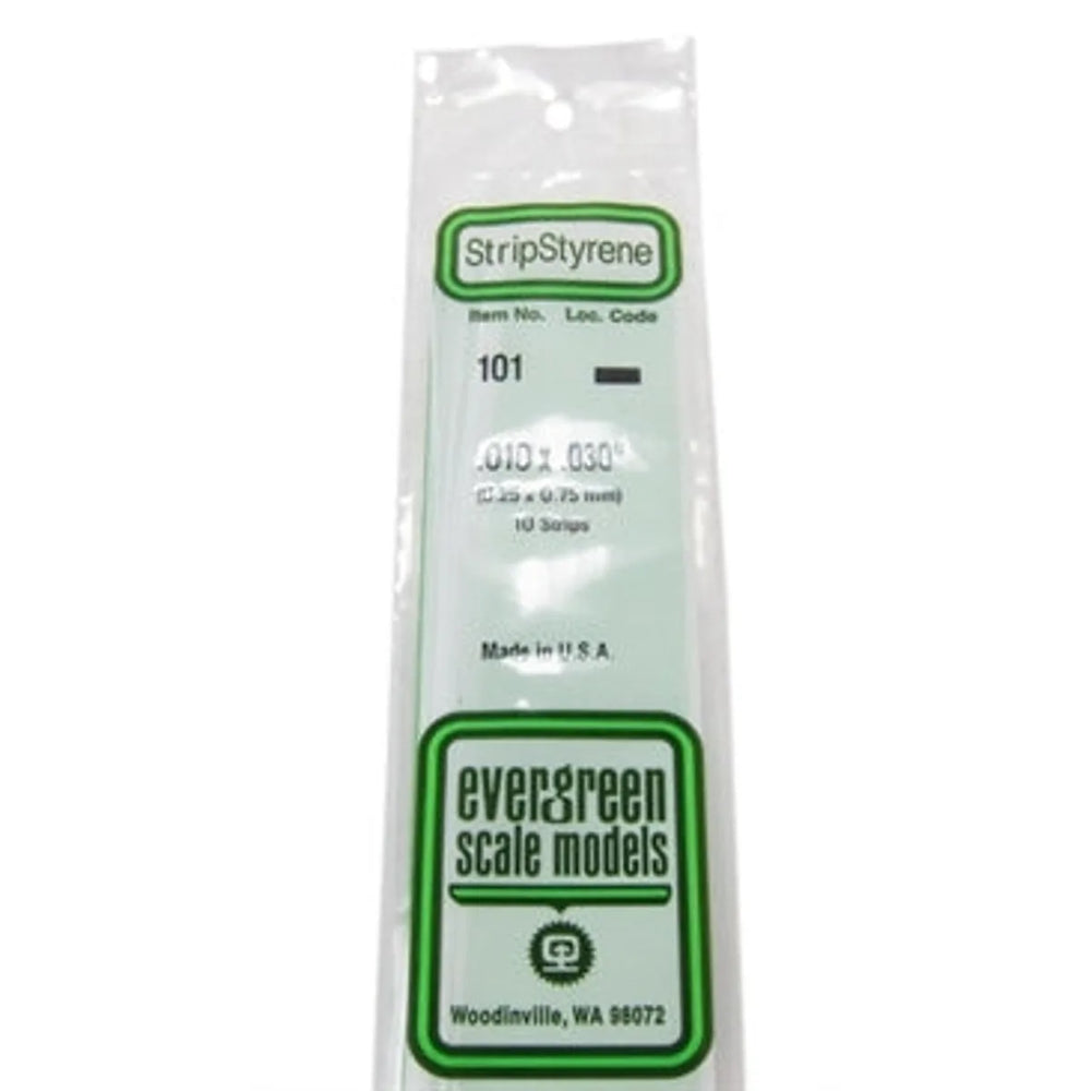 Evergreen Scale Models 101 Bande de styrène .010 x .030" (0,25 x 0,75 mm) 10 bandes NIB
