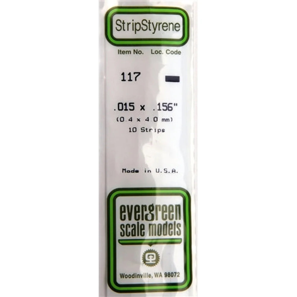 Evergreen Scale Models 117 Bande de styrène .015 X .156" (0.4 X 4.0mm) 10 bandes NIB