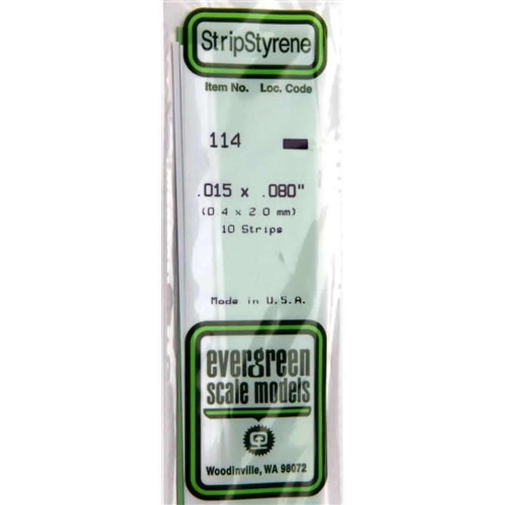 Evergreen Scale Models 114 Styrene Strip .015 X .080" (0.4 X 2.0 mm) 10 strips NIB