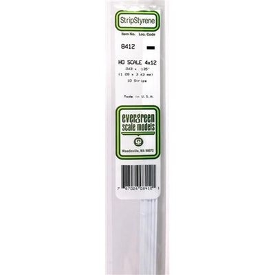 Evergreen Scale Models 8412 Styrene Strip 4x12 .043 x .135 " (1.09 x 3.43mm) 10 strips NIB