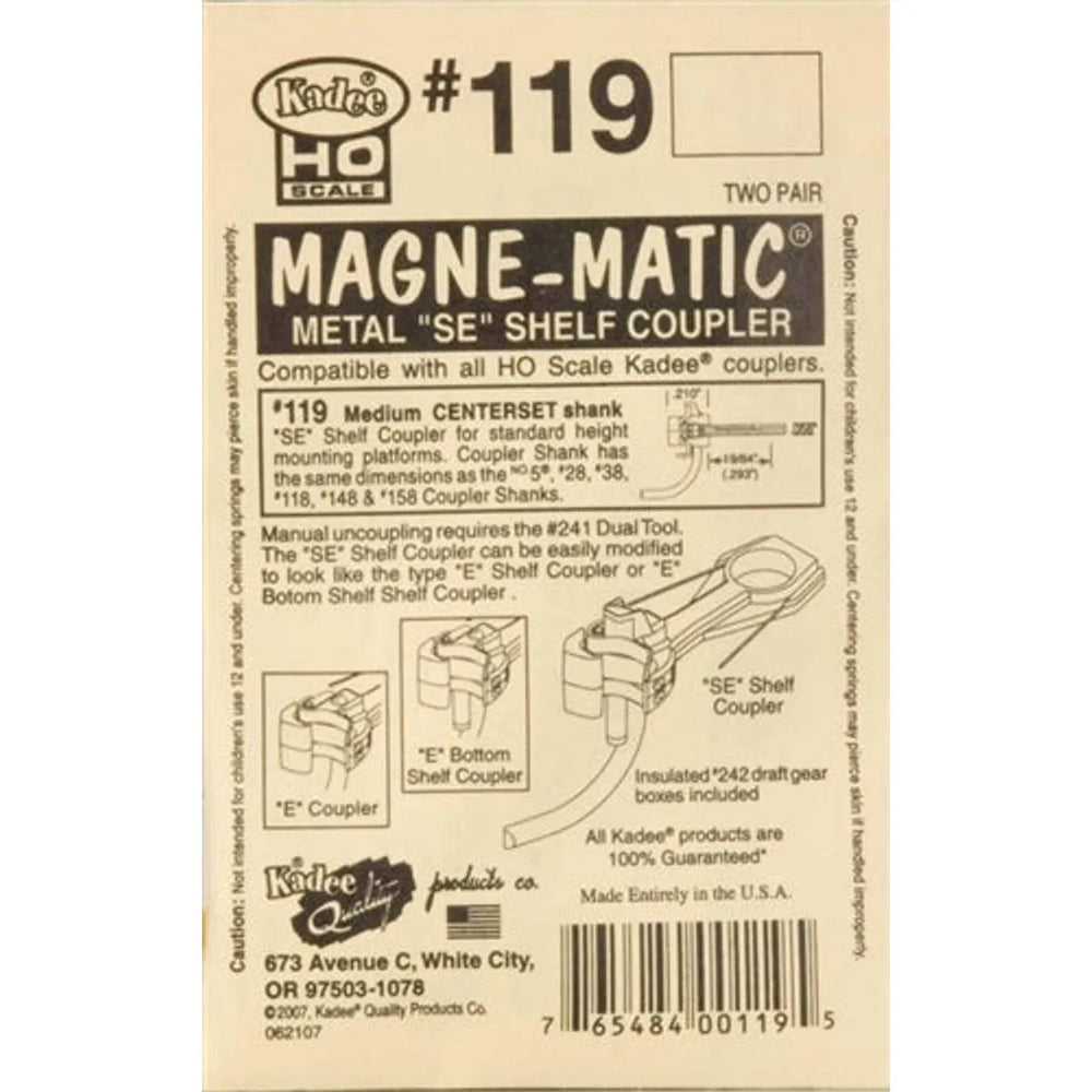 Kadee #119 HO Magne-Matic "SE" Shelf Head Medium 19/64" Centerset Shank Whisker Scale Knuckle Couplers