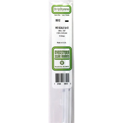 Evergreen Scale Models 8612 Bande de styrène 6x12 .066 x .135 (1,68 x 3,43 mm) 10 bandes NIB