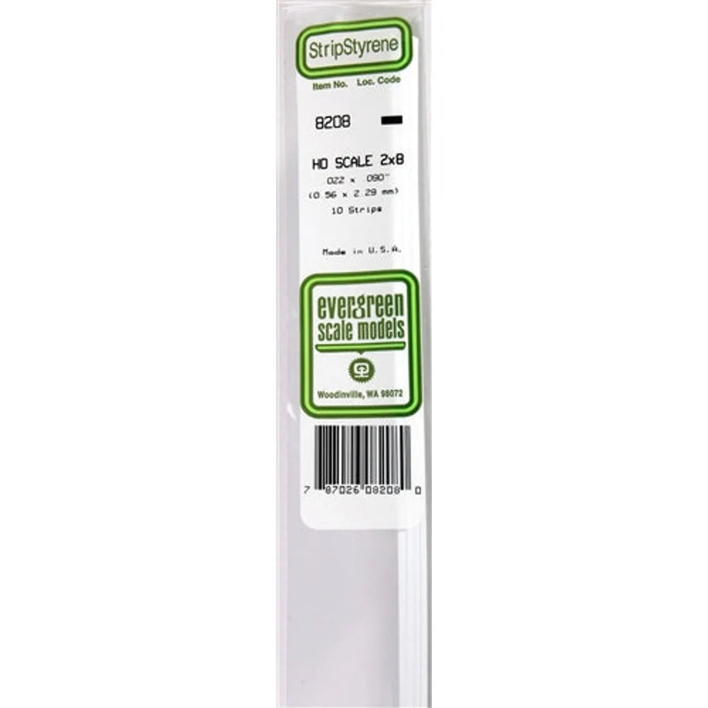 Evergreen Scale Models 8208 Styrene Strip 2x8 .022" x .090" (5.1 x 20.3cm) 10 strips NIB