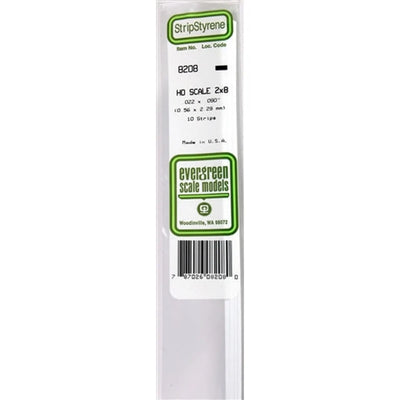 Evergreen Scale Models 8208 Styrene Strip 2x8 .022" x .090" (5.1 x 20.3cm) 10 strips NIB