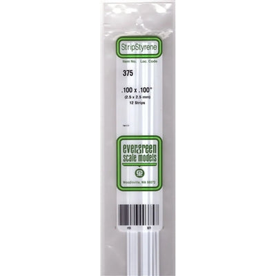 Evergreen Scale Models 375 Styrene Strips .100 x .100" (2.5 x 2.5mm) 12 pieces NIB