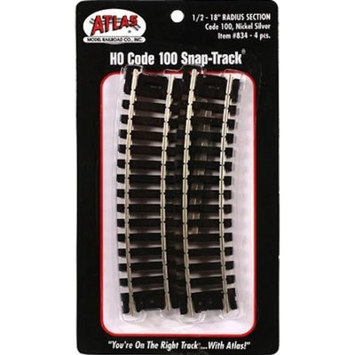 Atlas 834 HO Code 100 Voie Snap Track Rayon 18" Courbe 1/2 Section Rail Nickel-Argenté Traverses Noires Paquet de 4 NEUF