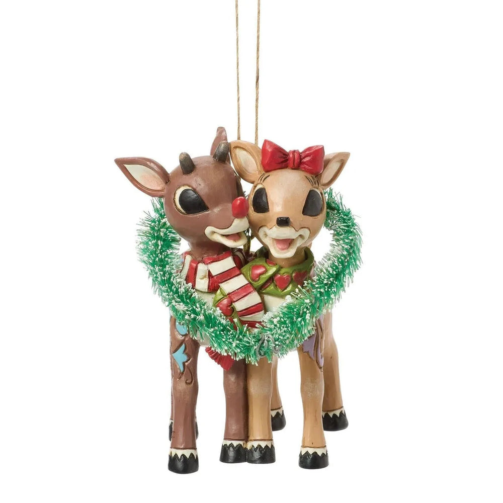 Ornement Rudolph et Clarice dans une couronne en forme de cœur - Rudolph le renne au nez rouge