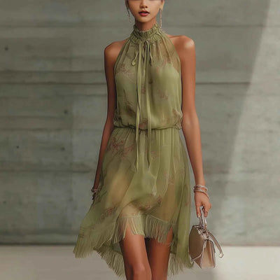 Robe à encolure en V avec volants et tie-dye pour femme - Robe élégante sans manches