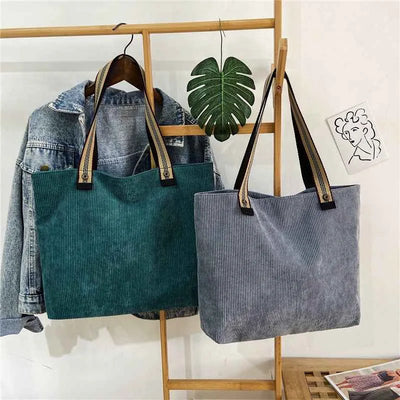 Sac bandoulière vintage en velours côtelé pour femme – Sac fourre-tout décontracté style littéraire