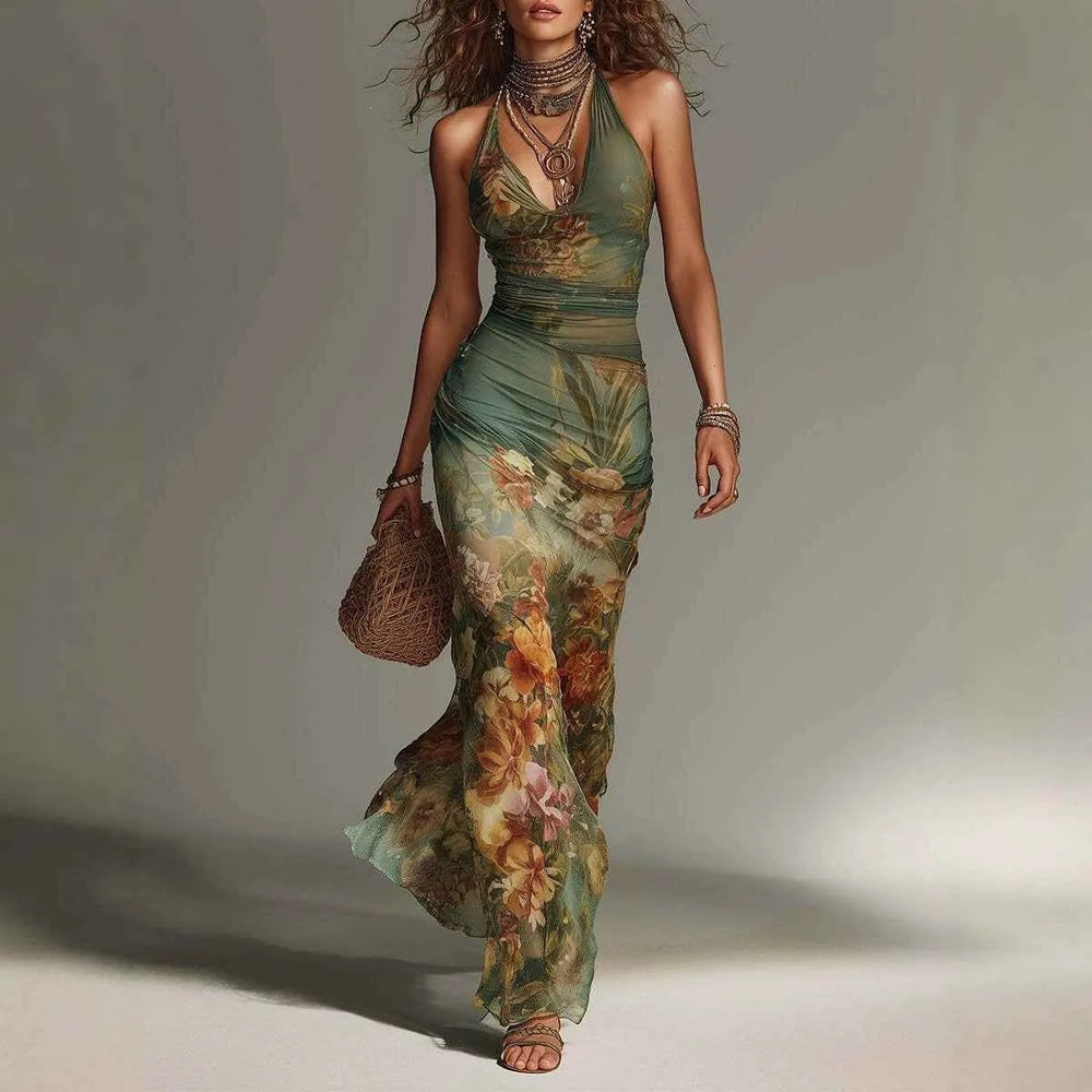 Robe Longue Fleurie à Col Halter pour Femmes – Sexy Dos Nu à Lacets pour Vacances d'Été
