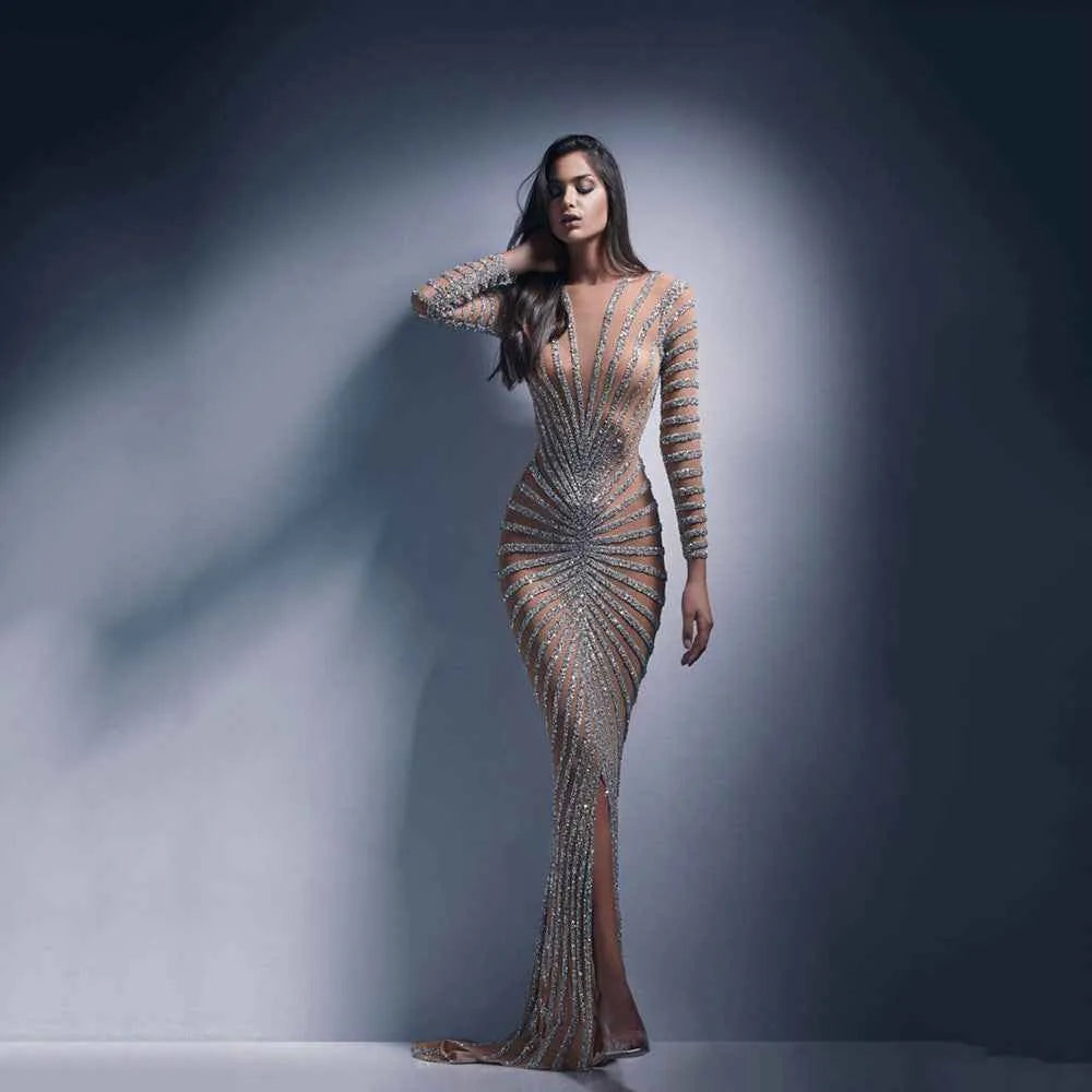 Women’s Diamond Mesh Maxi Dress – Sparkling Sheer Evening Gown for Party and Events