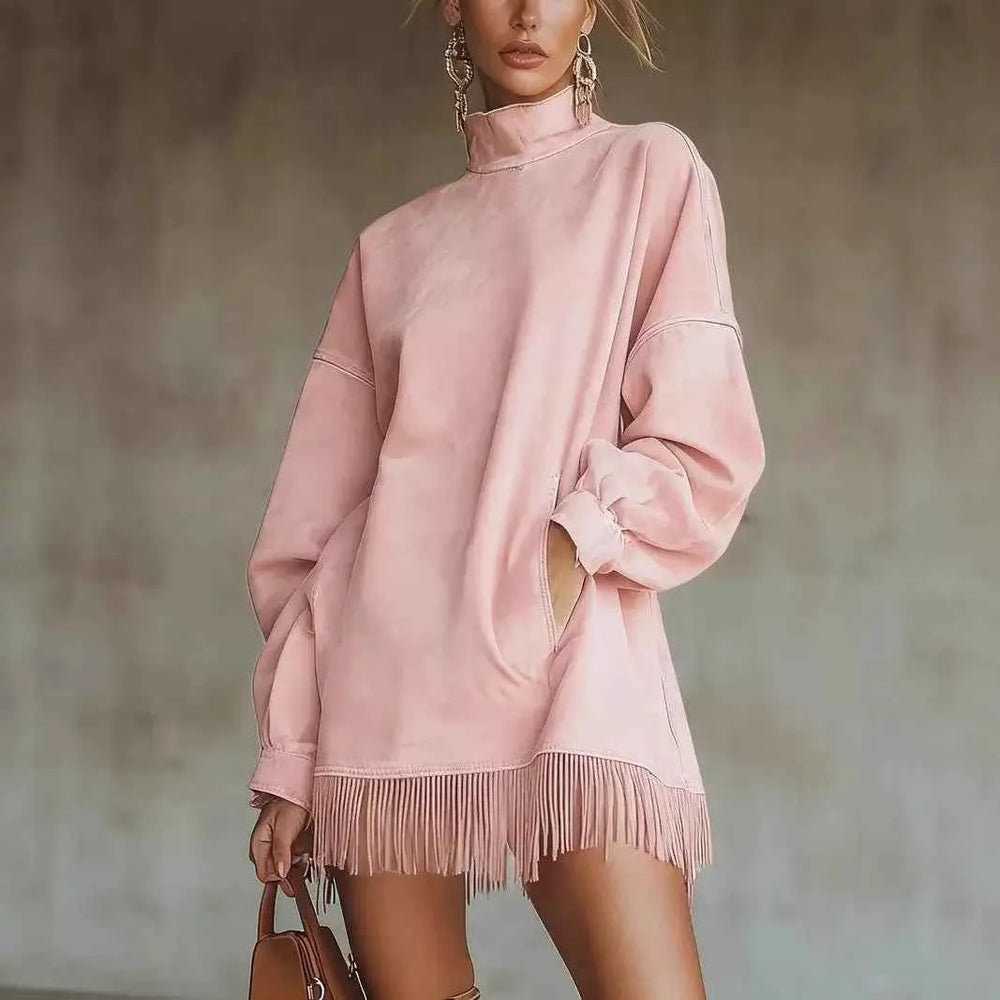 Women's Loose Tassel Suede Dress - Long Sleeve Pocket Dress
