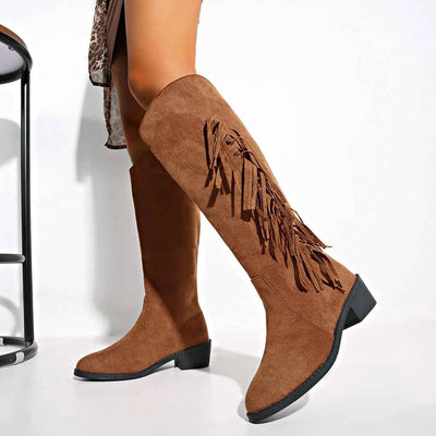 Bottes Hautes aux Cuisses à Pompons pour Femmes – Bottes Mode à Bout Pointu en Suédine