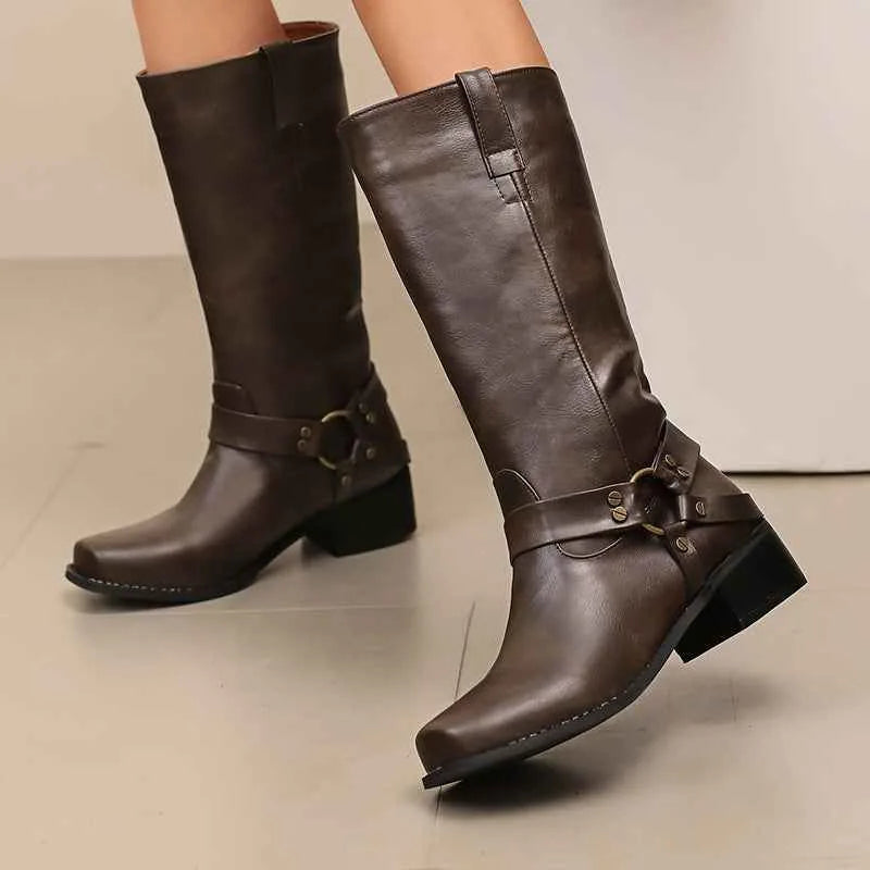 Bottes mi-mollet pour femmes à bout carré – Élégantes bottes en suède et denim pour l'automne et l'hiver