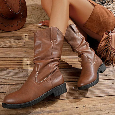 Bottes Mode Mi-Mollet pour Femmes – Bottes à Talon Bloc Bout Pointu en Cuir PU