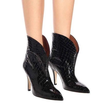 Bottines à talon aiguille en cuir verni pour femmes – Bottines mode à bout pointu effet pierre