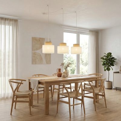 DUO White Linen & Jute Adjustable 3-Light Pendant for Dining Table & Island