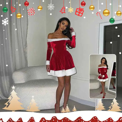 Robe de Mère Noël pour femme – Robe de fête de Noël épaules dénudées avec garniture en peluche