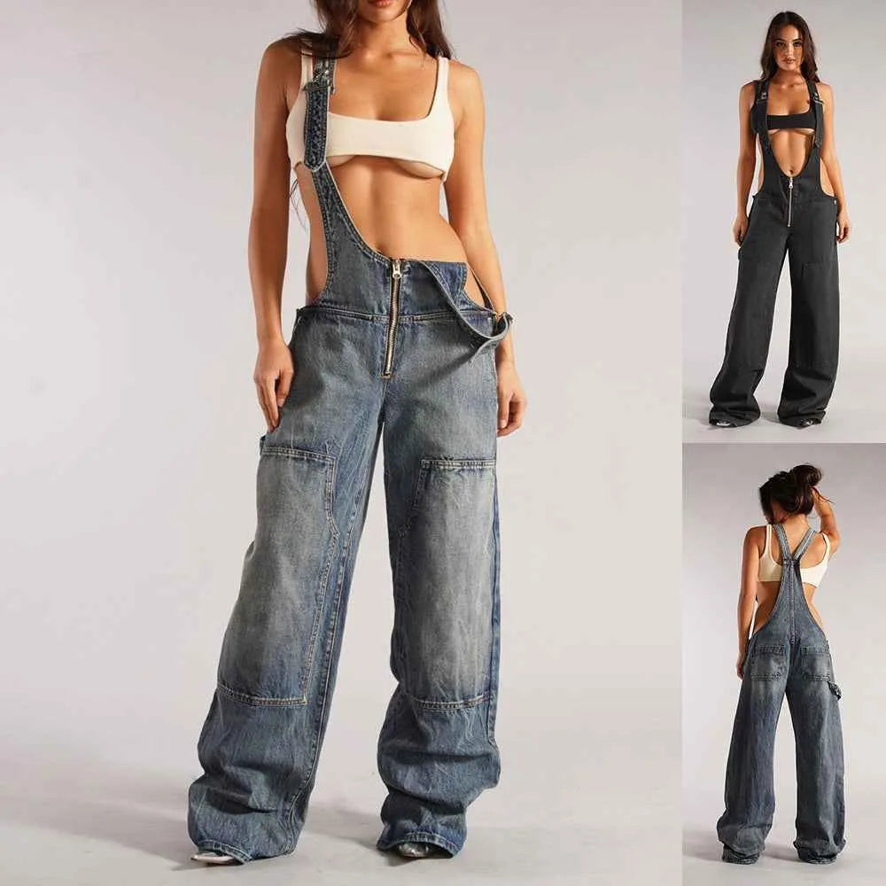 Women's Loose Fit Denim Jumpsuit – Y2K Wide Leg Suspender Overalls