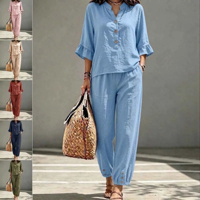 Ensemble 2 pièces pour femme : haut décontracté à col en V et pantalon court à jambe large – Tenue rétro pour le bureau